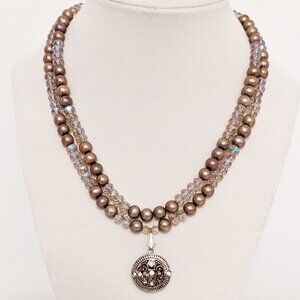 Handmade Double Strand Gold Pearl and Crystal Necklace with Photo Locket